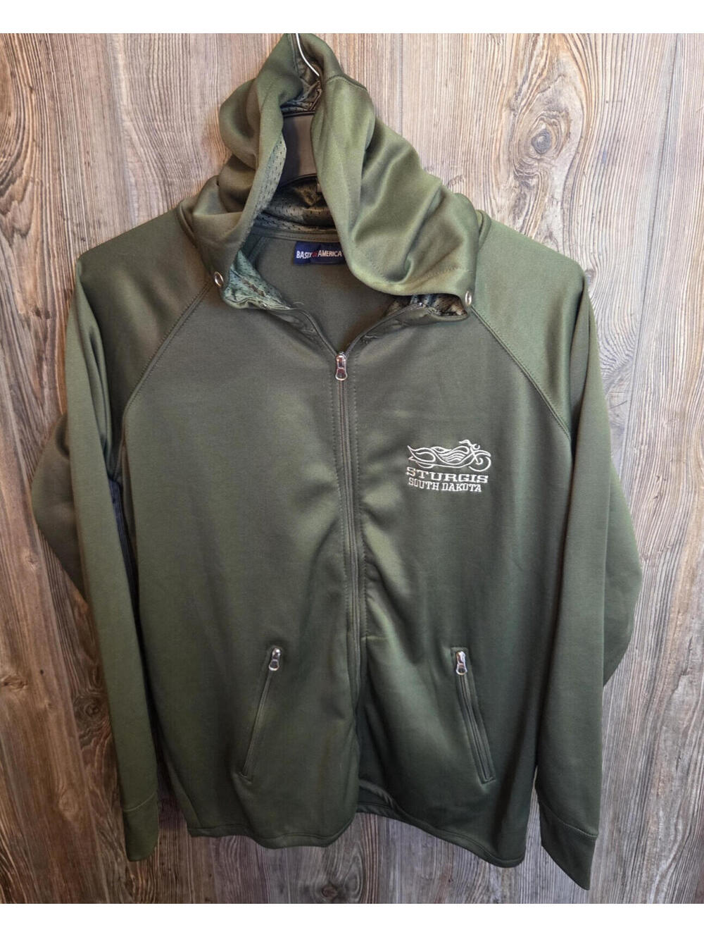 Sturgis South Dakota Motorcycle Rally Full Zip Hoodie Sz Med Olive Green Embroid